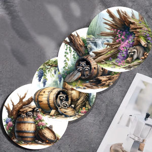 4-piece set of cute raccoon art coasters anti-slip wood coasters suitable for living rooms offices bars and restaurants