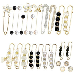 24Pcs Pearl Crystal Brooch Safety Pins Button PinsClothes Sweater Shawl Shirt Jeans Decoration Accessories for Women