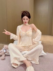 Bộ Đồ Ngủ Lụa Băng Mùa Xuân Thu Cho Nữ Bộ Đồ Ngủ Ba Mảnh Có Đệm Ngực Đồ Ngủ Gợi Cảm Kiểu Pháp Bộ Đồ Mặc Nhà
