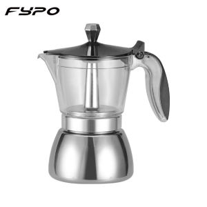 Fypo เครื่องชงเอสเพรสโซ่หม้อโมก้ากาต้มน้ำกาน้ำชาหม้อโมก้าใสด้านบนและเหล็กกล้าไร้สนิม Moka สำหรับการเหนี่ยวนำและเตาไฟฟ้า