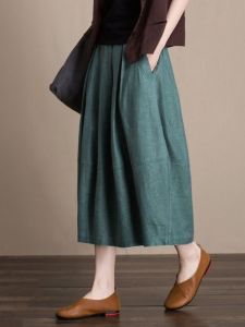 Summer 2024 Womens Cotton Linen Loose Fashionable Slimming Lantern Skirt Elastic Waist Flower Bud Mid-length Solid Color
