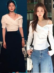 Elegant White Off-Shoulder Long Sleeve Shirt Korean Style Slim Fit V-Neck Casual Shirt for Young Women Stunnign Design