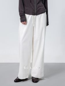 TheSoong Minimalist Classic White Thin Drawstring Cotton Linen Casual Pants Womens High Waist Straight Leg Trousers