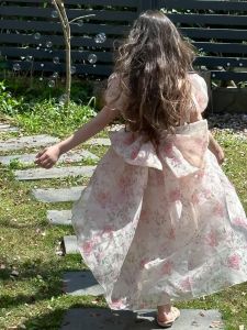 Girl Beautiful Trailing Princess Dress Fancy Summer 2024 New Arrival Kids Sweet Pink Floral Dress