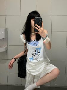 Áo Vest Không Tay in Chữ Thắt Nơ Phong Cách Mỹ Ngọt Ngào Và Cay Nồng Thời Trang Mùa Hè Cho Nữ Áo Vest Không Tay Xếp Ly Ren Viền Thời Trang