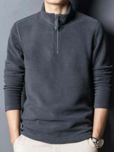 Autumn Winter Mens High Neck Pure Color Double Sided Fleece Half High Neck Sweatshirt Faux Shaggy Coat Warm Stand Collar Base Shirt