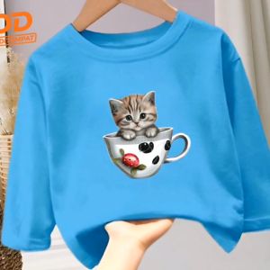 Pakaian Kaos Anak Laki-Laki dan Perempuan Usia 1-12 Tahun Bergambar Kucing Cangkir Lengan Panjang