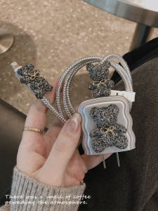 Plated Silver Bear New Model Silicone Protective Case for Apple 15Promax Charger Luxury Winding Rope Data Cable Anti-Break 20W Charging Head