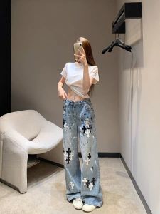 Washed Denim Wide Leg Cross Patchwork Spray Ink Jeans Womens Loose Long Trousers Casual High Waist Zipper Fly Blue Jeans