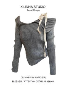 Sweet Lazy Style Grey One-Shoulder Knitted Sweater Womens Autumn Winter Base Shirt Trendy Bowed Top Commute Elegant Regular Sleeve