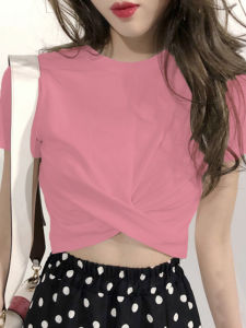 Pink round Neck Short Sleeve T-Shirt Womens Slim Fit High Waist Crop Top Cotton Summer Fashionable Dancewear Casual Style