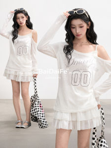BAIDAIFEI | Slanted Shoulder Off-Shoulder Sheer Long Sleeve Sun Protection Summer Mock Two-Piece T-shirt Style Blouse