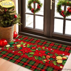 VIKAMA Christmas Doormat Plaid Poinsettia Holly Gold Berry Red Welcome Mat Front Door Non Slip Indoor Rug Xmas 2027