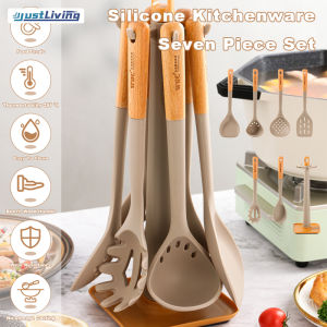 JustLiving Bộ Dụng Cụ Nhà Bếp Bằng Silicon Có Tay Cầm Bằng Gỗ Xẻng Nấu Ăn Chống Dính Dụng Cụ Nhà Bếp Thìa Xẻng Chiên Chịu Nhiệt Thìa Súp Rò Rỉ Dụng Cụ Nấu Ăn Nhà Bếp