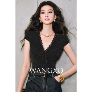 Shiny Silk High Density Knitted V-neck Belted Slim Fit Top Handmade Lace Hem Commute Elegant Style Short Sleeve T-shirt