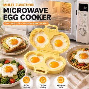 KEBIDU Dual Cavity Microwave Egg Poacher With Lid & Handle Quick-Heat Flowers and Heart Type Microwave Egg Poacher Quick Oil-Free CookingFood-Grade PP Egg Mold Kitchen Gadgets