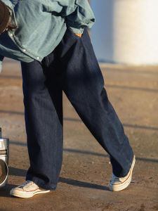 Noears Vintage High Street Workwear Loose Straight Leg Deep Blue Denim Pants Wide Leg Casual Elastic Waist Japanese Style