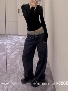 American Retro Splicing High Waist Straight Leg Jeans Womens Casual Slimming Autumn New Style Trendy Jeans Deep Color