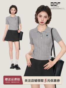 Áo Thun Polo Cổ Polo Màu Xám Dệt Kim Tay Ngắn Ôm Vừa Vặn Mùa Hè Phong Cách Mỹ Vai Khoét Sâu Cổ Polo Tay Ngắn