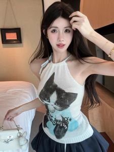 GUZILIAN | Bộ váy ngắn không tay cổ treo in hình mèo kiểu Thái áo vest không tay quần short bó eo thun mùa hè áo chui đầu váy ngắn