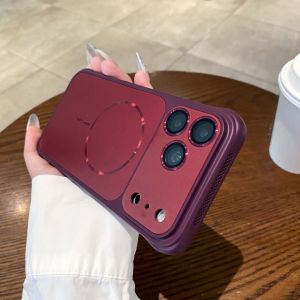 Matte Metal Texture MagSafe Magnetic Phone Case for iPhone 18 17 16 15 14 13 Pro Max Heat Dissipation Hollow Side Raised Lens Frame Shockproof Anti-Fingerprint Protective Casing