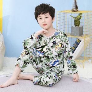 Summer Childrens Sleepwear Cotton Silk Thin Home Clothes Set for Boys And Girls Cartoon Home Clothes round Neck Long Sleeve