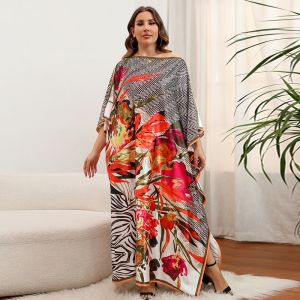 Boat-Neck Women Long Dress Loose Fit Silky Effortless Pullover Robe Batwing Kaftan Floor Length Abaya Turkey Tunic Dubai Caftan Stuning Flower Maxi Dress