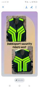 Dakkisport security riders vest with reflective neon green stripes for visibility.