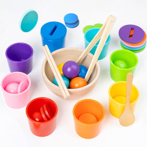 Montessori ของเล่นไม้เกมจับคู่สี Rainbow Balls ในถ้วยการศึกษาการเรียนรู้ของเล่นสําหรับเด็กก่อนวัยเรียนอายุ 3 +