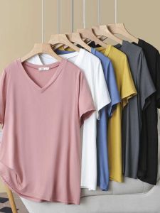 2024 Summer K-style New Arrival Casual Bottoming Shirt 100.00kg Plus Size Ladies Basic Style V Neck Pure Color Short Sleeve Plus Size T-shirt