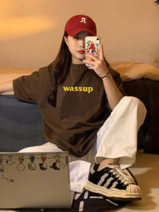 Wassup Oversize Cotton T-Shirt Womens Short Sleeve Loose Fit Summer Trendy Brand Casual Style Print Classic Pattern