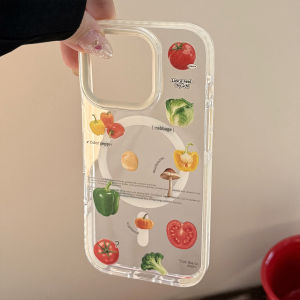 Korean Vegetable 3D Cartoon Tomato Bracket Magnetic Phone Case For iPhone 16 15 14 13 12 Pro Max Transparent Shockproof Cover