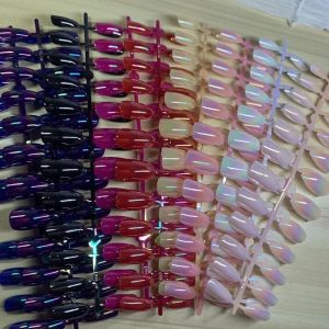 24Pcs/Strip Medium-length Fake Nail Acrylic Wear False Nails Art Aurora Variegated Color Press on Nail Tips Removable Nail Patch