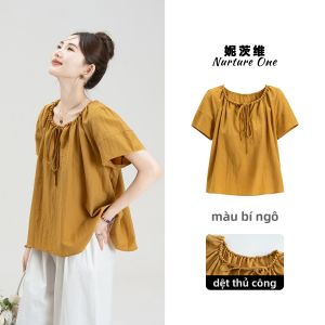 Nurture One | Áo Blouse Dáng Rộng Cổ Tròn Thắt Dây Xem Qua Màu Bơ Đậu Phộng Tay Ngắn