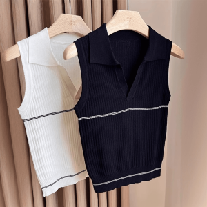Korean Design Polo Neck Knitted Vest Womens Slim Fit Short Sleeveless Fashionable Summer New Arrival 2025 Moisture Wicking