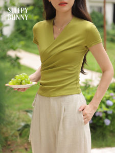 Gray Cross V-neck Short Sleeve Slim Fit Waist-cinching T-shirt Women Summer Casual Style Knitted Regency Viscose Lycra Blend