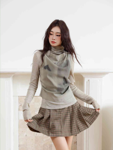 Retro American Watercolor Long Sleeve Womens T-shirt Early Autumn Base Layer Inner Wear Two-Piece Set Top round Neck Regular Fit