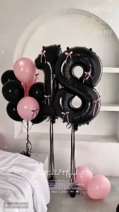 【Happy Time Combine Set】31pcs Black Pink Balloon Set 32" Black Number with Bow Ribbon Foil Latex Lobo Globos for 18th Birthday Debut Party Needs PH Mura Decor