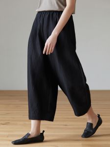 กางเกงขายาวทรงหลวมสไตล์ญี่ปุ่นผสมลินินฤดูร้อนปี 2023 กางเกงขายาวทรงตรงสีดำ กางเกงขายาวทรงหลวมสำหรับผู้หญิง