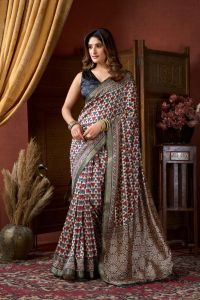 Ajrak Printed Saree with Jacquard Border & Jhallar sarees for women