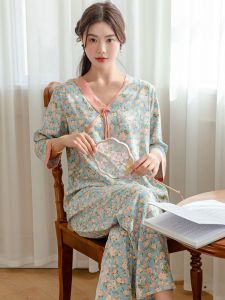 ผู้หญิง ฤดูใบไม้ผลิ ฤดูร้อน บาง ผ้าฝ้าย ผ้าไหม ชุดนอนเสื้อผ้าบ้าน ลายดอก ชุดสองชิ้นสบาย คอวี แขนยาว ชุดนอน