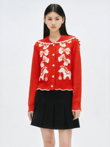 XIAOLI | Fashionable Horse Navy Collar Wool Blend Cardigan