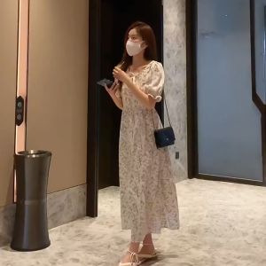 🔥Fran🔥 2025 NEW Cream Floral Dress French Style Bubble Sleeved Dress Women Gentle Style Dress
