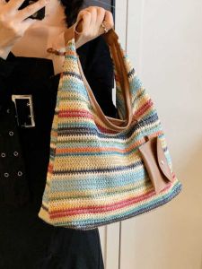 2024 New Fashion Large Capacity Woven Womens Shoulder Bag Versatile Holiday Tote Bag Single Strap Magnetic Buckle Closure