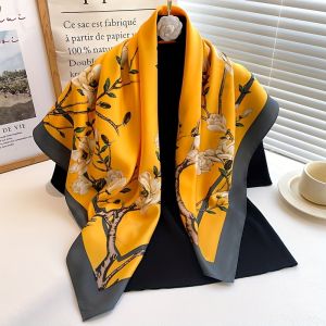 35.4" Elegant Flower Print Suqare Bandana Chinese Style Satin Silky Shawl Womens Windproof Head Wrap