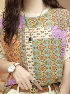Summer 2025 Trendy Short Sleeve Printed Top Luxury European Style Beautiful Shirt for Middle-Aged Women Comfortable Silk Blend