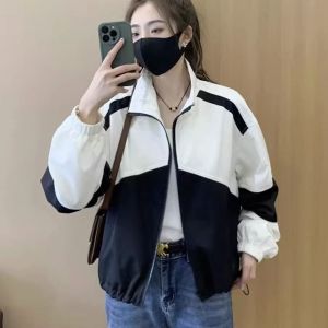 Womens Short Casual Jacket 2025 Autumn New Style Small Size Loose Color Block Baseball Coat Top Fashionable Sun Protection