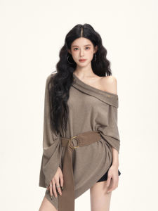 Cchun Pure Design Lazy Vintage Long T-Shirt Asymmetrical Shoulder Bared Casual Loose Fit Knitted Top with Belt Summer Womens Fashion