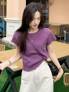 Korean Style round Neck Ice Silk Short Sleeve T-Shirt Womens Summer New Fashion Youthful Small Size Short Knitted Top