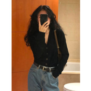 เสื้อคาร์ดิแกนถักคอวีบางๆ สำหรับผู้หญิง ทรงเข้ารูป สไตล์เกาหลี แขนยาว ปกติ ฤดูใบไม้ผลิ ฤดูใบไม้ร่วง ฤดูหนาว เสื้อคลุมกันหนาว